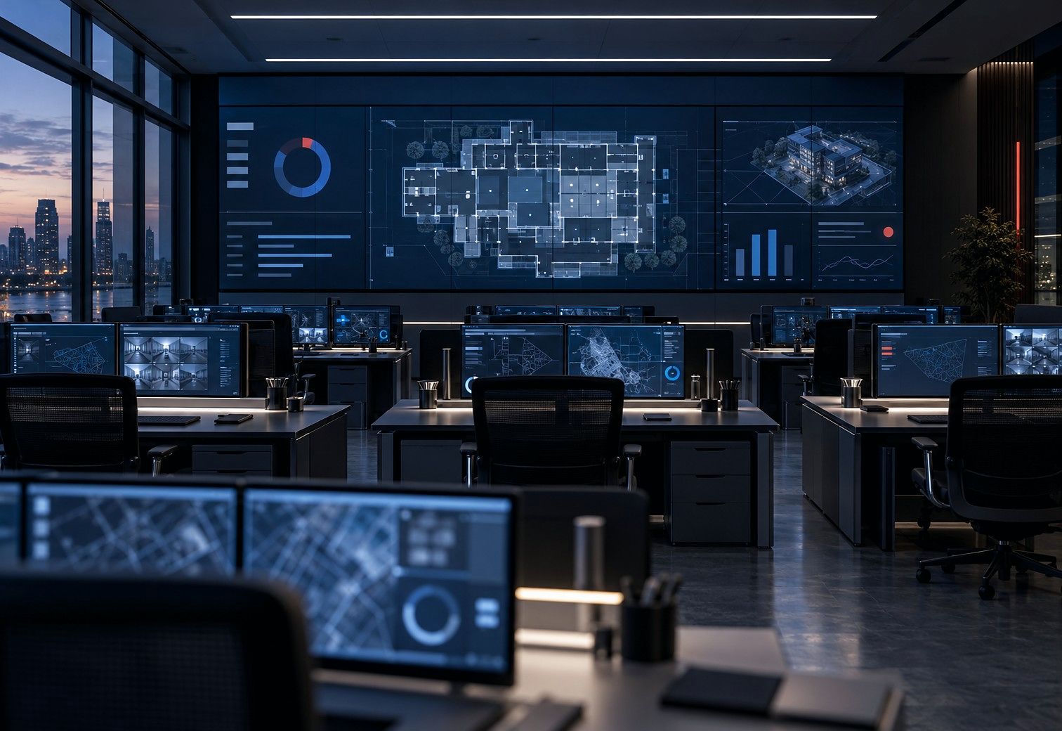 An operations center at dusk with a video wall showing a building floor plan above rows of workstations